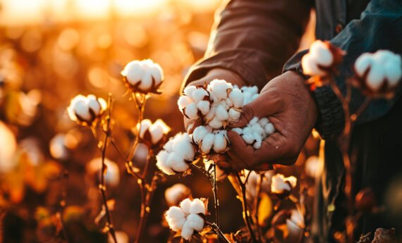 Farmer holding cotton flowers in the field. Selective focus. Nature.